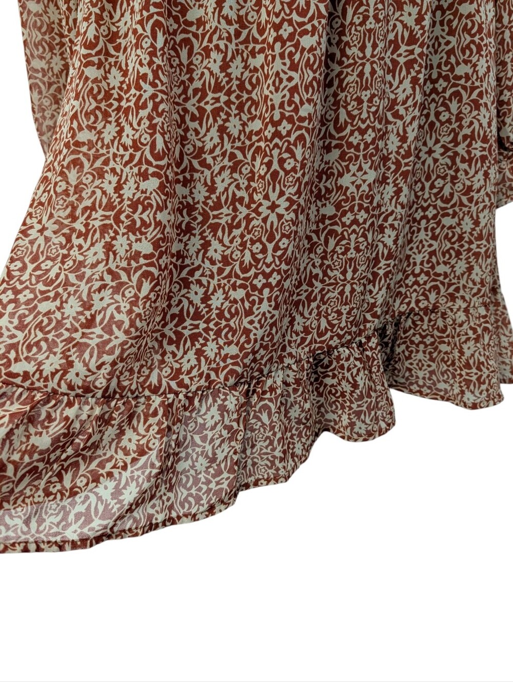 Doe & Rae Rust Floral Print Ruffle Neck Tie Long Sleeve Mini Dress S NWT - Picture 5 of 10